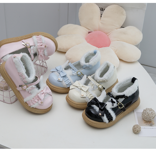 Original "Sweetheart Bunny" Lolita Shoes with Fuzzy Edges, Platform Soles, Big and Cute Toe Caps, Soft Soles for Lolita Fashion