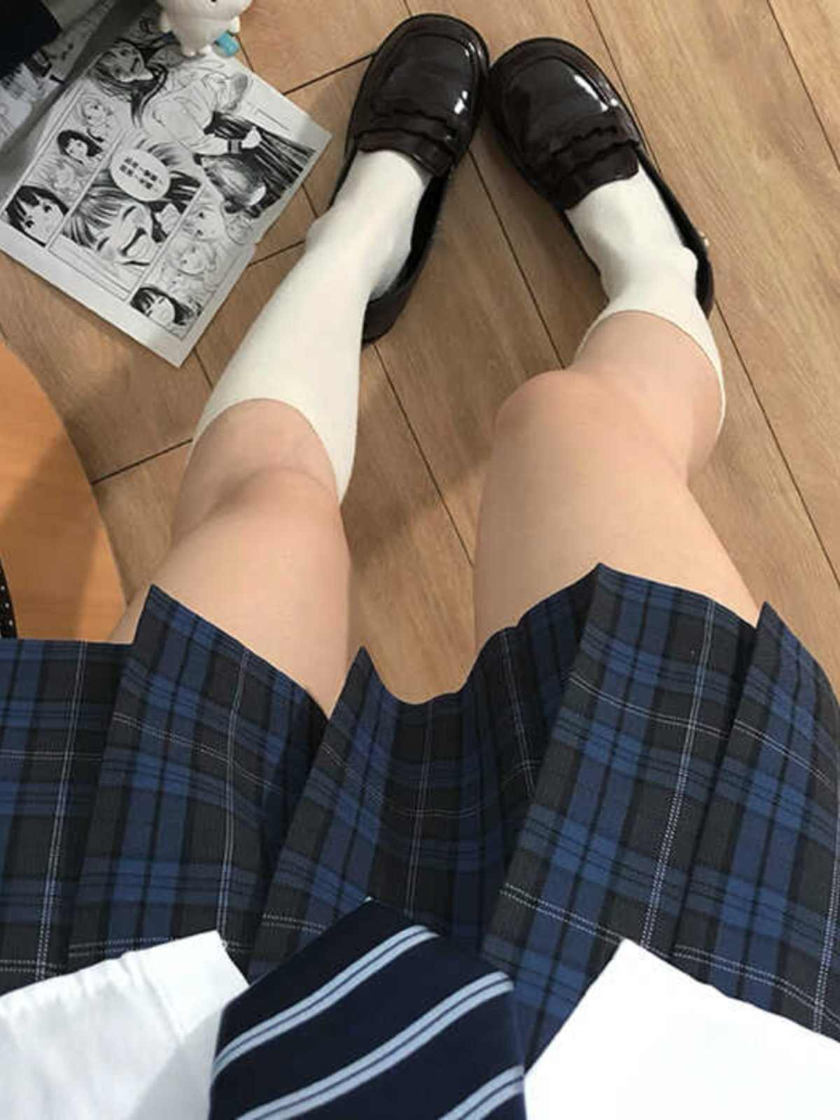 Original Beiming Plaid Skirt. School-uniform-feeling pleated JK skirt. Blue-gray plaid, versatile JK skirt.