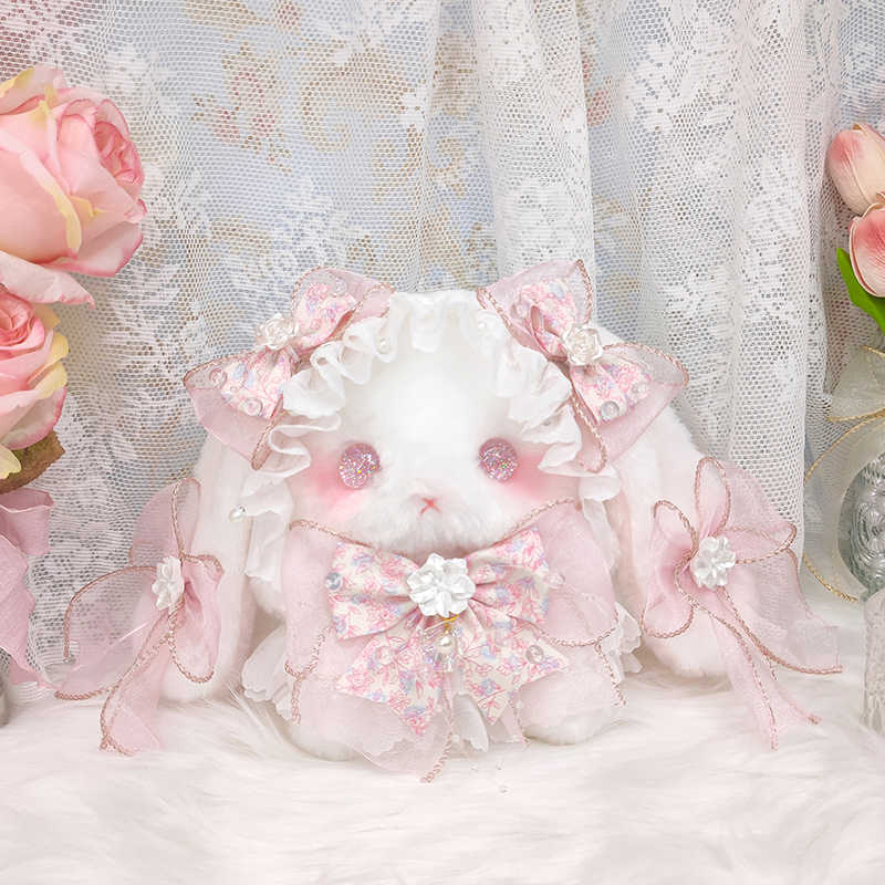 Lolita lop-eared rabbit doll bag, original bowknot, cute plush bag, pearl handicraft.