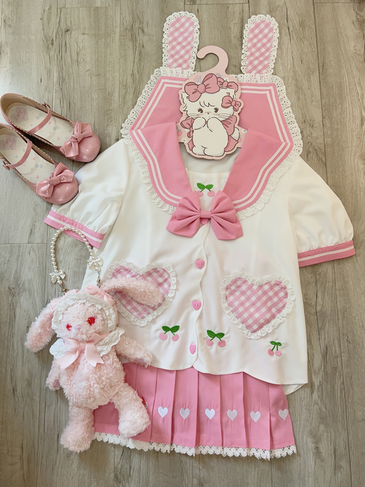 Original and genuine pink summer cute soft girl Japanese-style cherry uniform set (top + skirt).