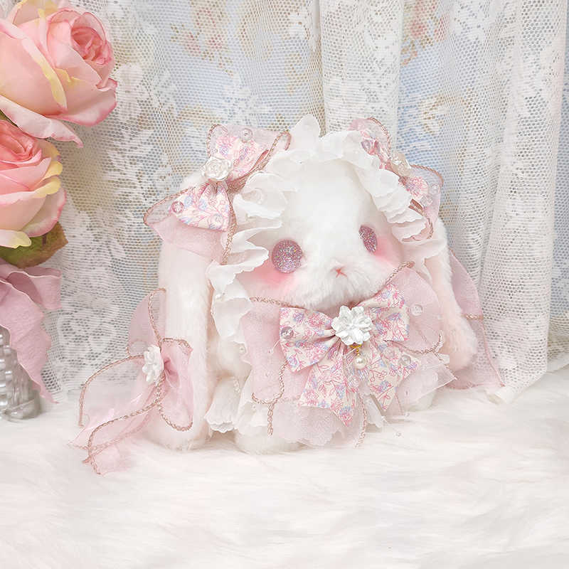 Lolita lop-eared rabbit doll bag, original bowknot, cute plush bag, pearl handicraft.