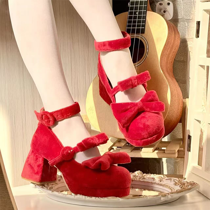 Waterproof Platform Mid-Heel, Round-Toe, Contract Doll Lolita Style, Shallow-Mouth Suede Elegant High Heels