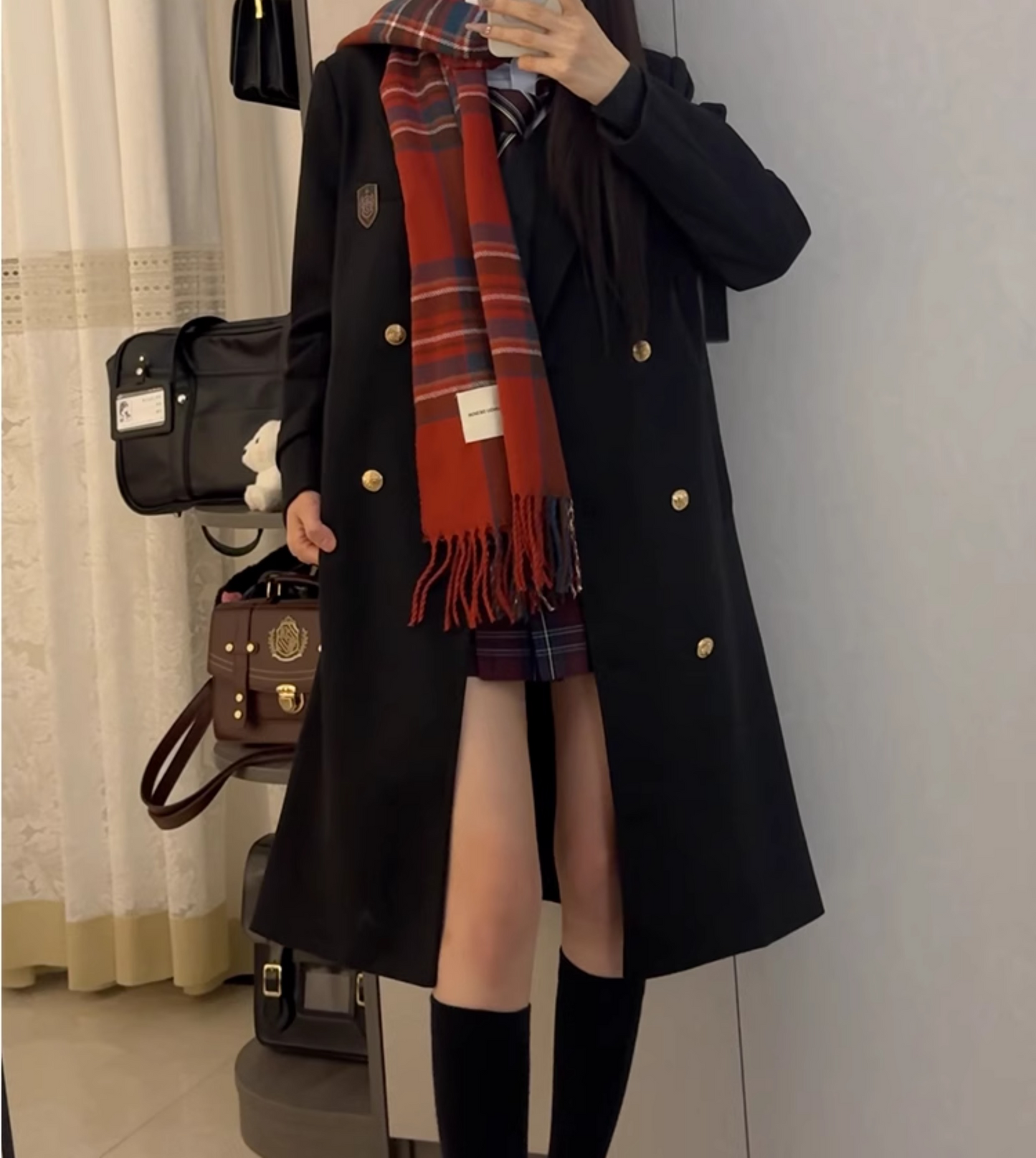 Original Qiye High School Overcoat, School-style JK Uniform, Mid-length Black Trench Coat with Lapel, Woolen Overcoat.