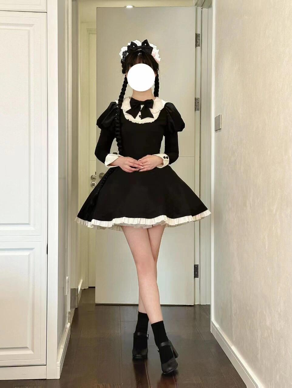 Lolita Dark Gothic Elegant Maid Japanese-style Halloween Cosplay Set, Autumn Lolita Dress.