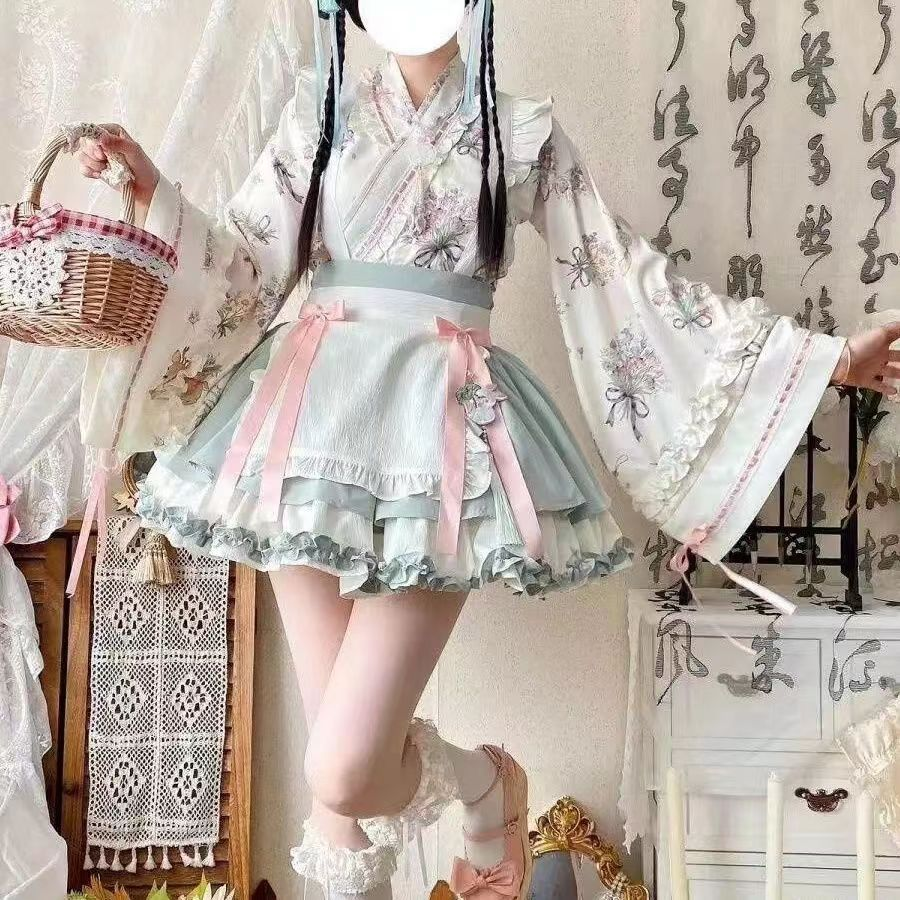 【Little Pharmacist · Chinese Herbal Plants】Chinese-style Lolita dress with wide sleeves, crossed collars and flapping skirts, in a Lolita maid style that combines pure and sexy charm.