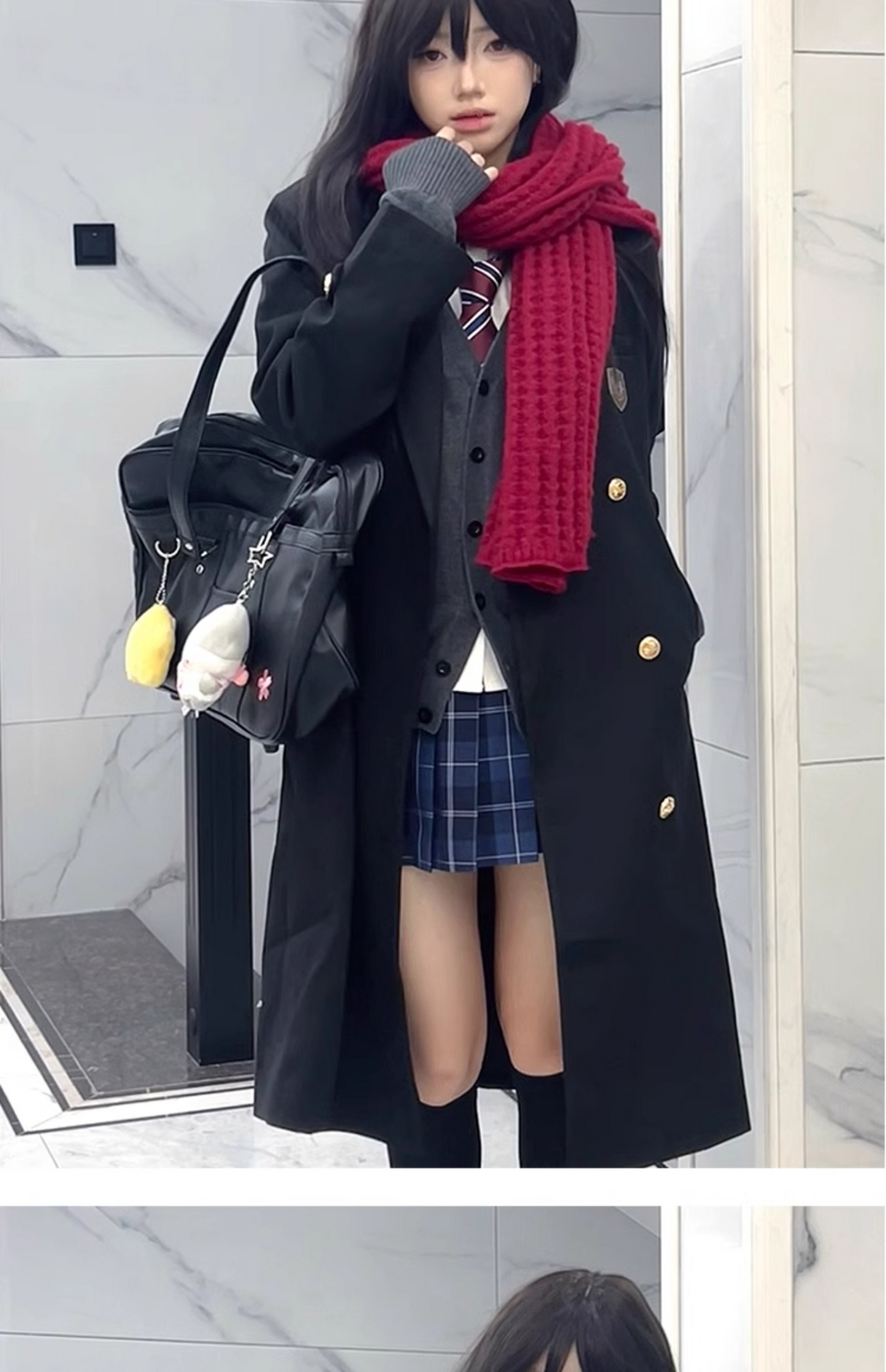 Original Qiye High School Overcoat, School-style JK Uniform, Mid-length Black Trench Coat with Lapel, Woolen Overcoat.