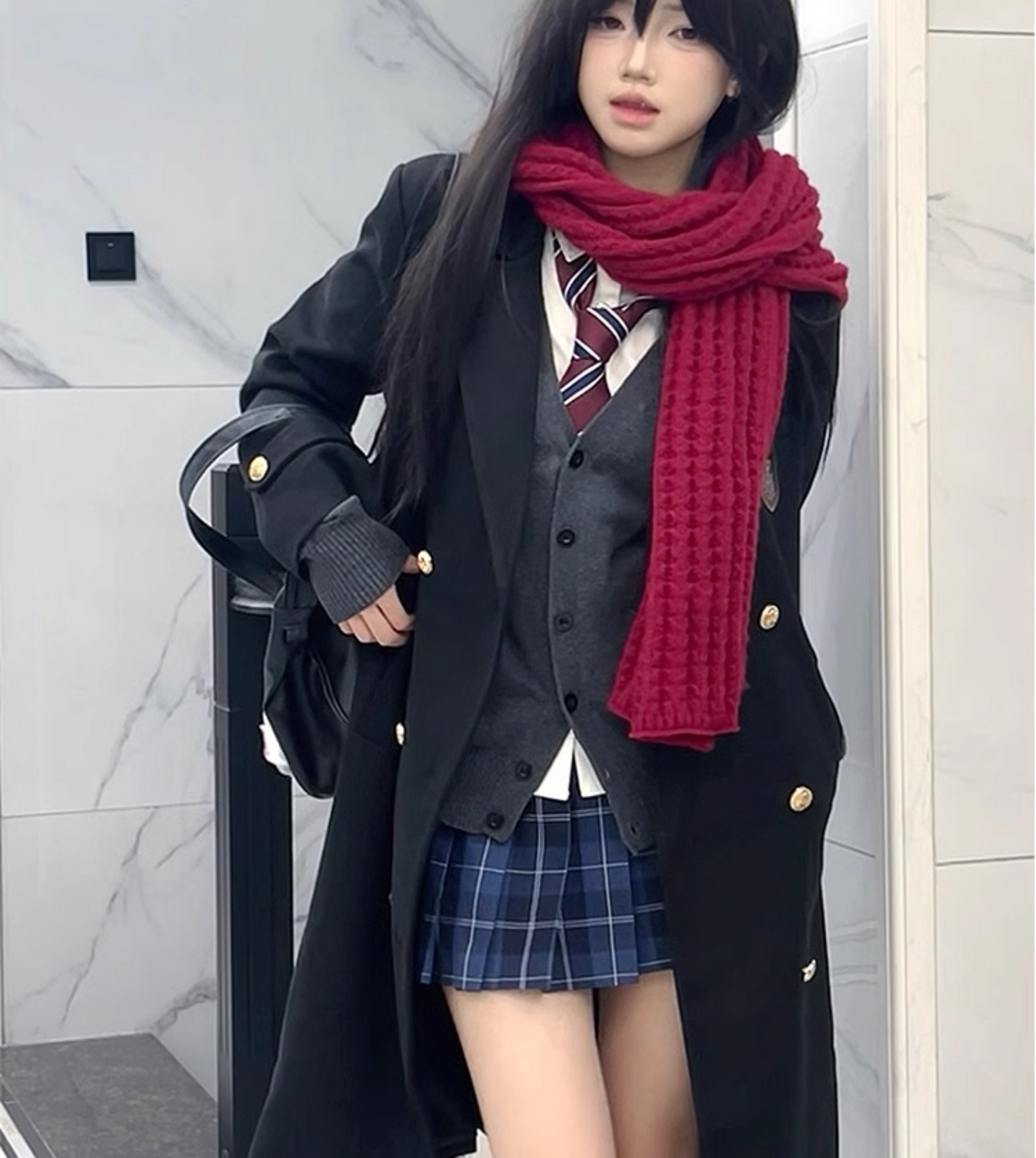 Original Qiye High School Overcoat, School-style JK Uniform, Mid-length Black Trench Coat with Lapel, Woolen Overcoat.