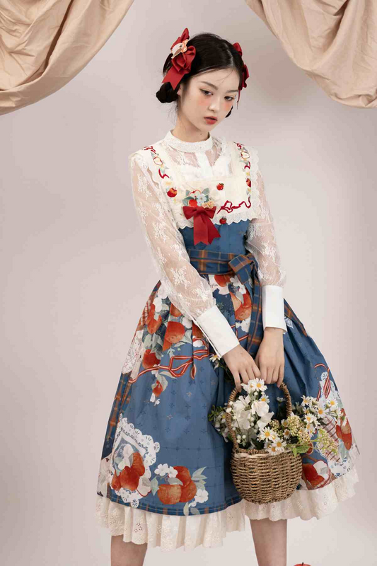 【Apple and Flower】Waist-high JSK, original printed and embroidered ladies' dress for daily commute.