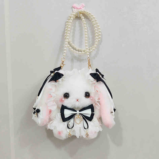 Black and white macaron rabbit bag, original Lolita crossbody rabbit bag, a lovely and exquisite gift, with cute doll, pearl and bowknot.