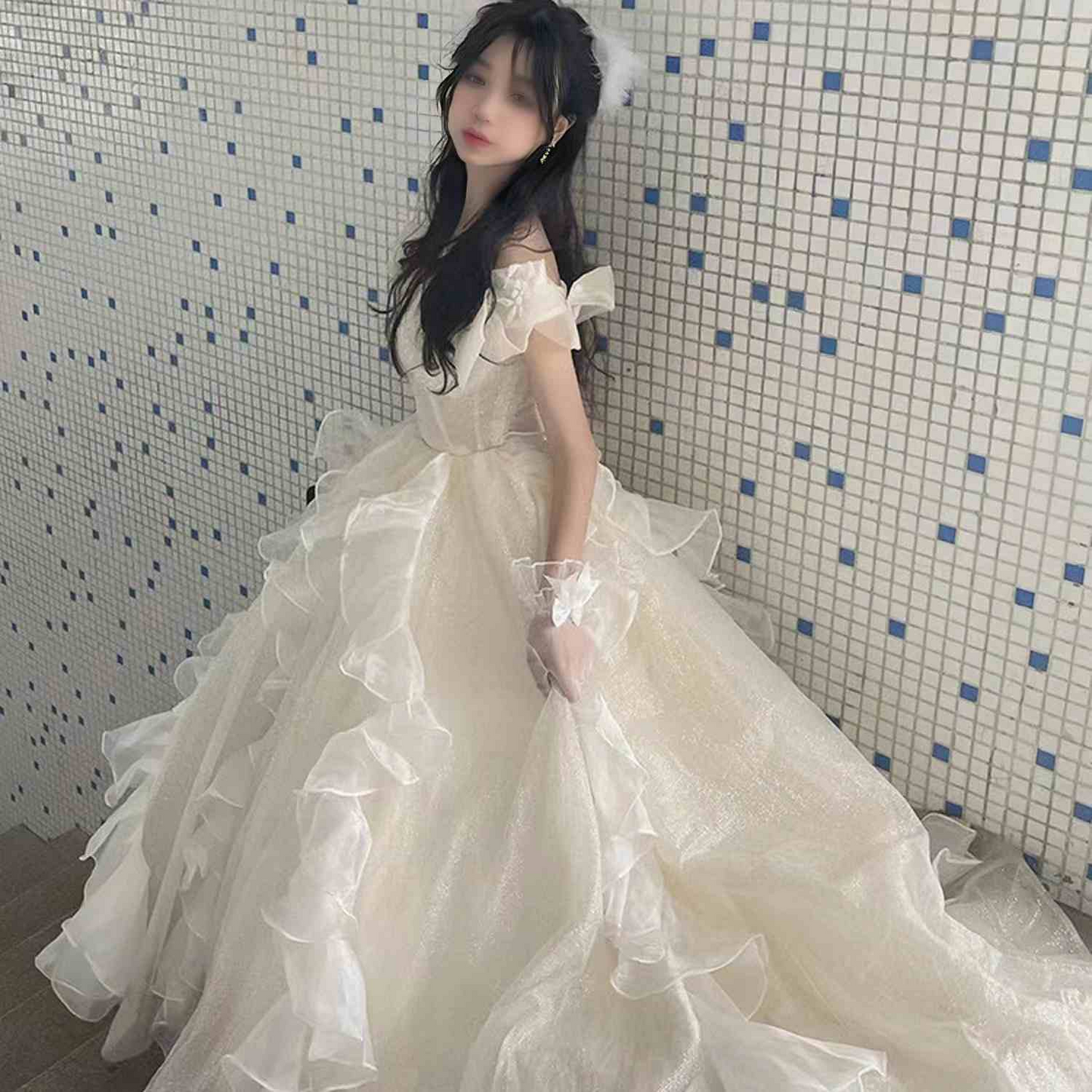 Lolita original wedding light luxury evening dress, with light gauze, fairy-like, host's puffy skirt, adult formal dress.