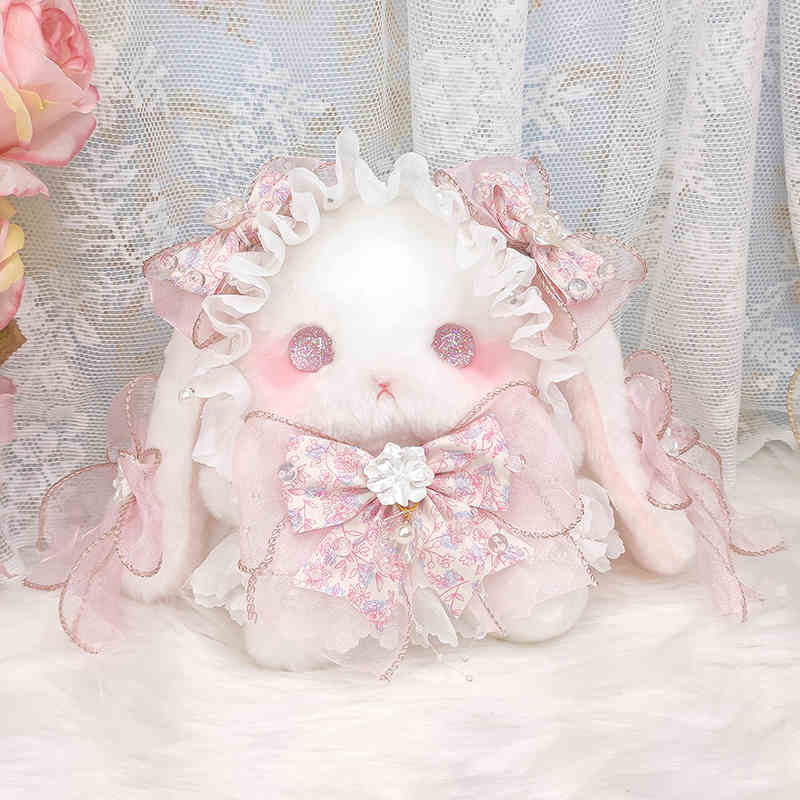 Lolita lop-eared rabbit doll bag, original bowknot, cute plush bag, pearl handicraft.