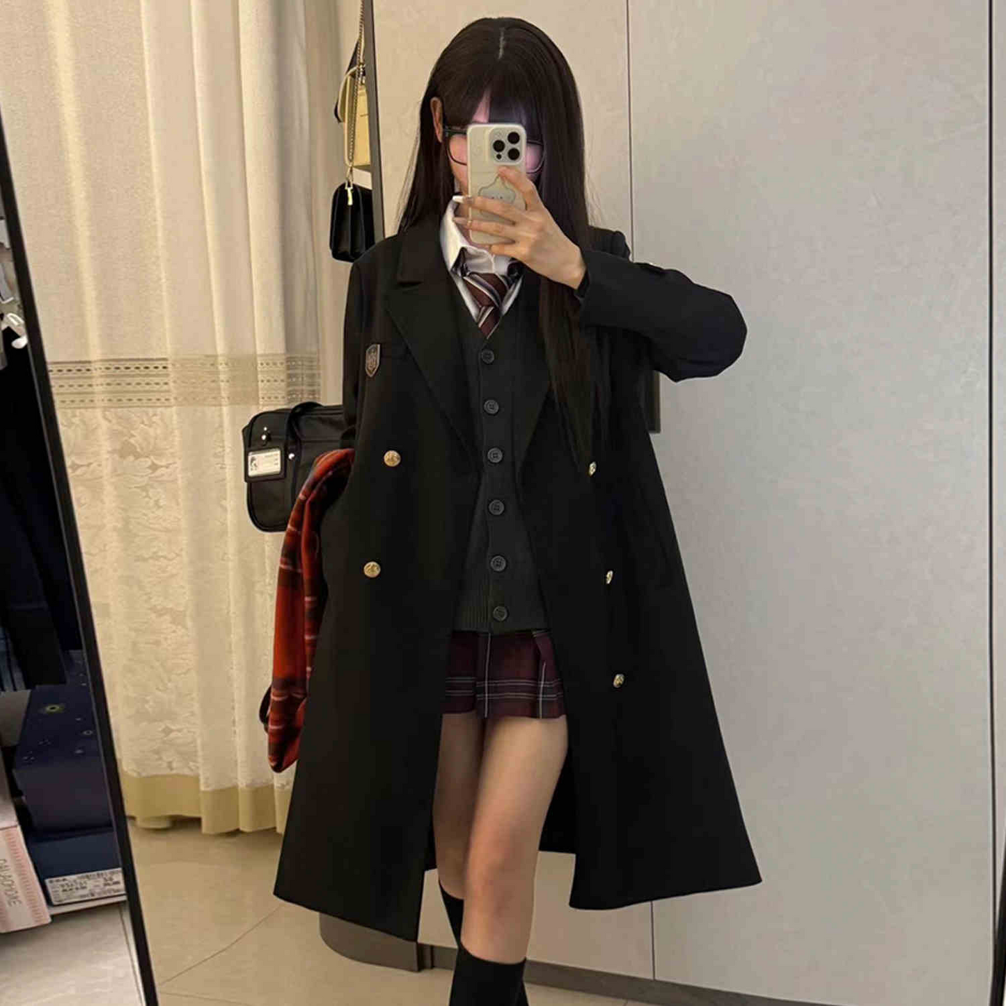 Original Qiye High School Overcoat, School-style JK Uniform, Mid-length Black Trench Coat with Lapel, Woolen Overcoat.