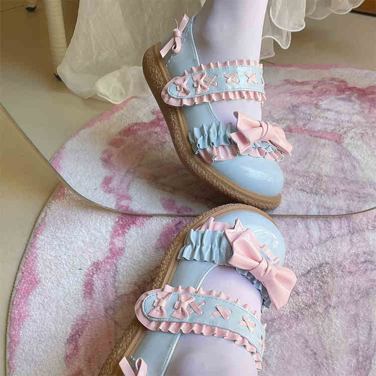 Original Gummy Thick-headed Flat-soled Lolita Shoes with Lace, Looking Cute and Sweet for Lolita Girls' Single Shoes.