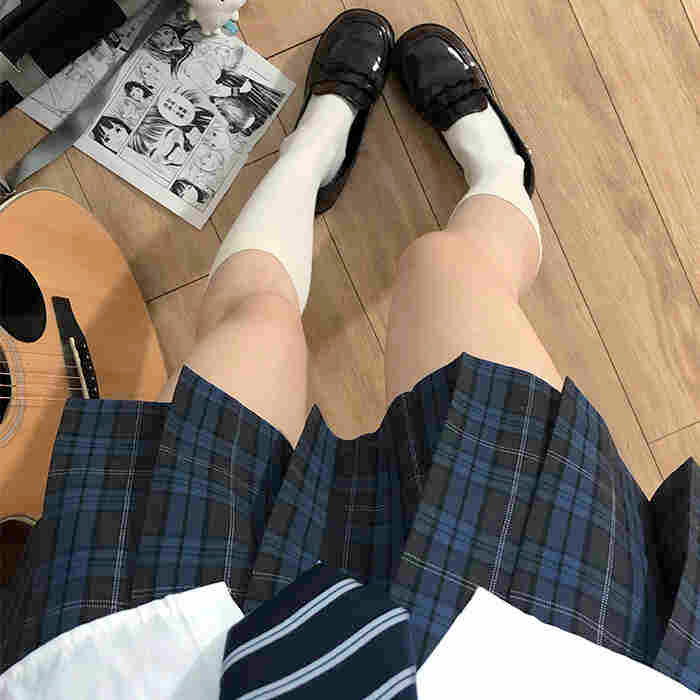 Original Beiming Plaid Skirt. School-uniform-feeling pleated JK skirt. Blue-gray plaid, versatile JK skirt.