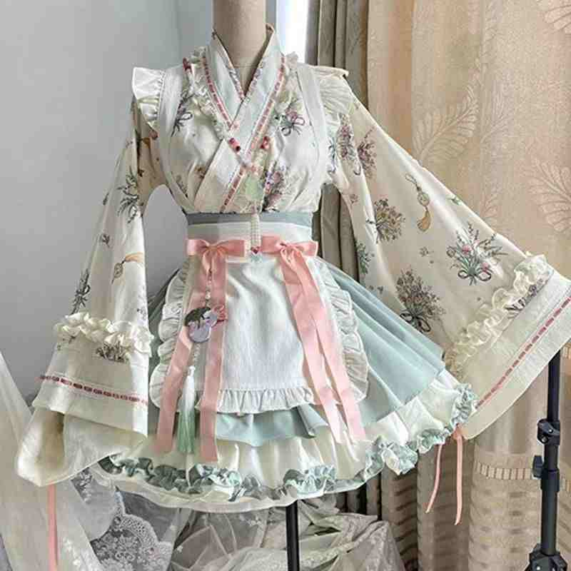 【Little Pharmacist · Chinese Herbal Plants】Chinese-style Lolita dress with wide sleeves, crossed collars and flapping skirts, in a Lolita maid style that combines pure and sexy charm.