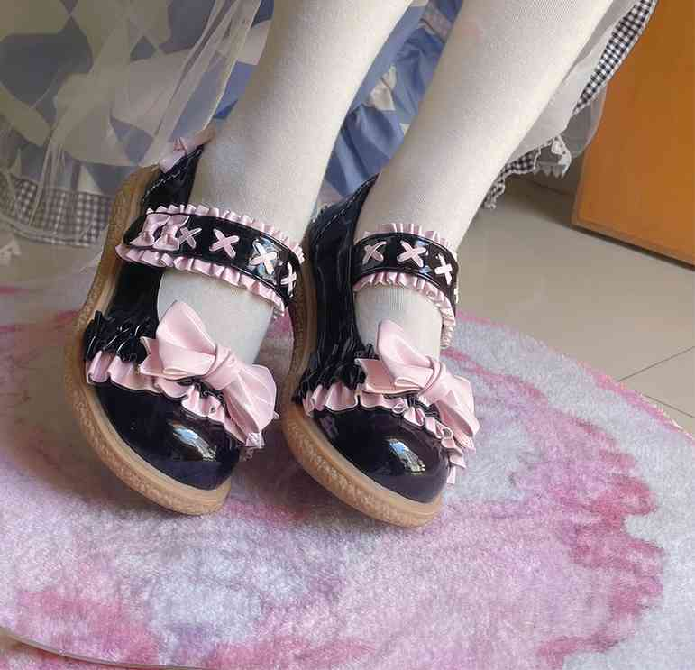 Original Gummy Thick-headed Flat-soled Lolita Shoes with Lace, Looking Cute and Sweet for Lolita Girls' Single Shoes.