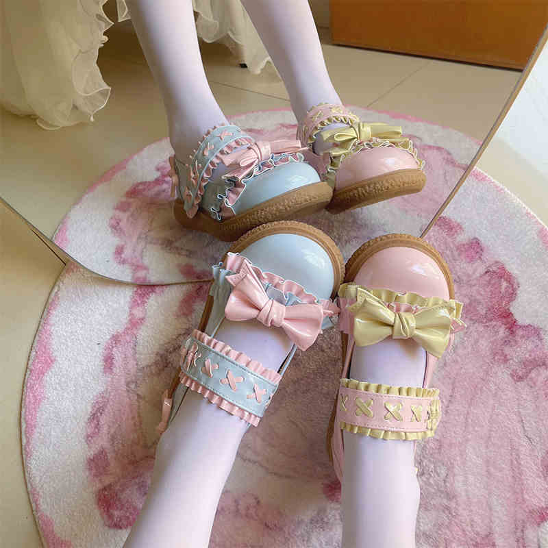 Original Gummy Thick-headed Flat-soled Lolita Shoes with Lace, Looking Cute and Sweet for Lolita Girls' Single Shoes.