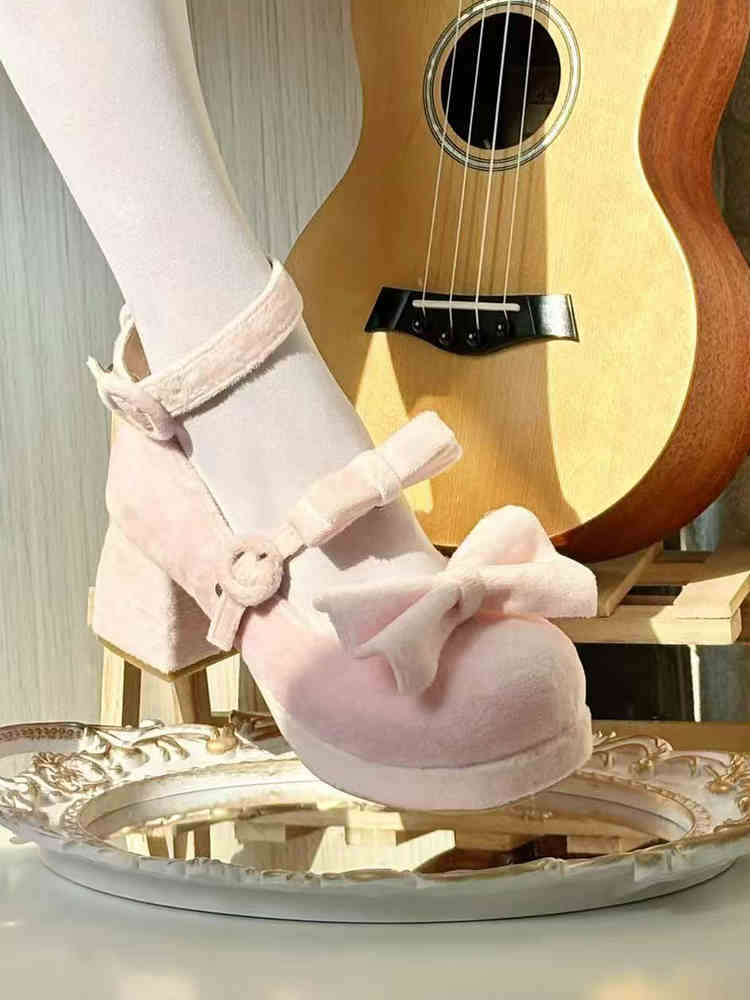 Waterproof Platform Mid-Heel, Round-Toe, Contract Doll Lolita Style, Shallow-Mouth Suede Elegant High Heels